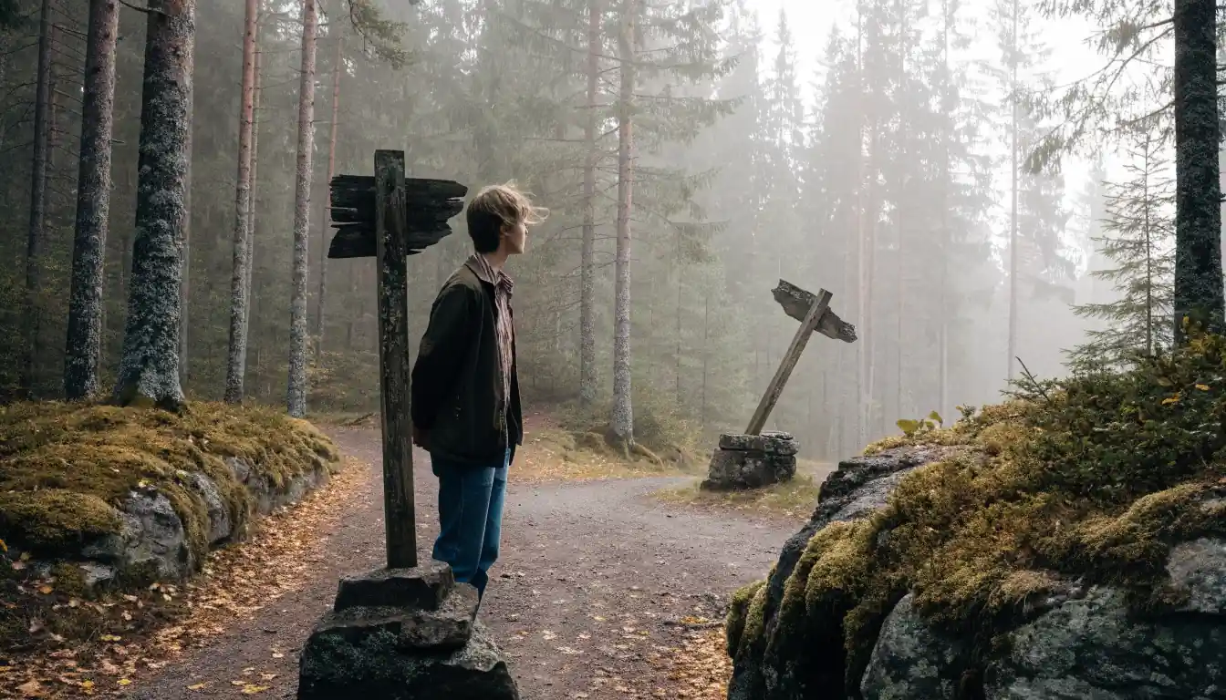 Suomalainen seisoo tienhaarassa syksyisessä metsässä kylttien äärellä
