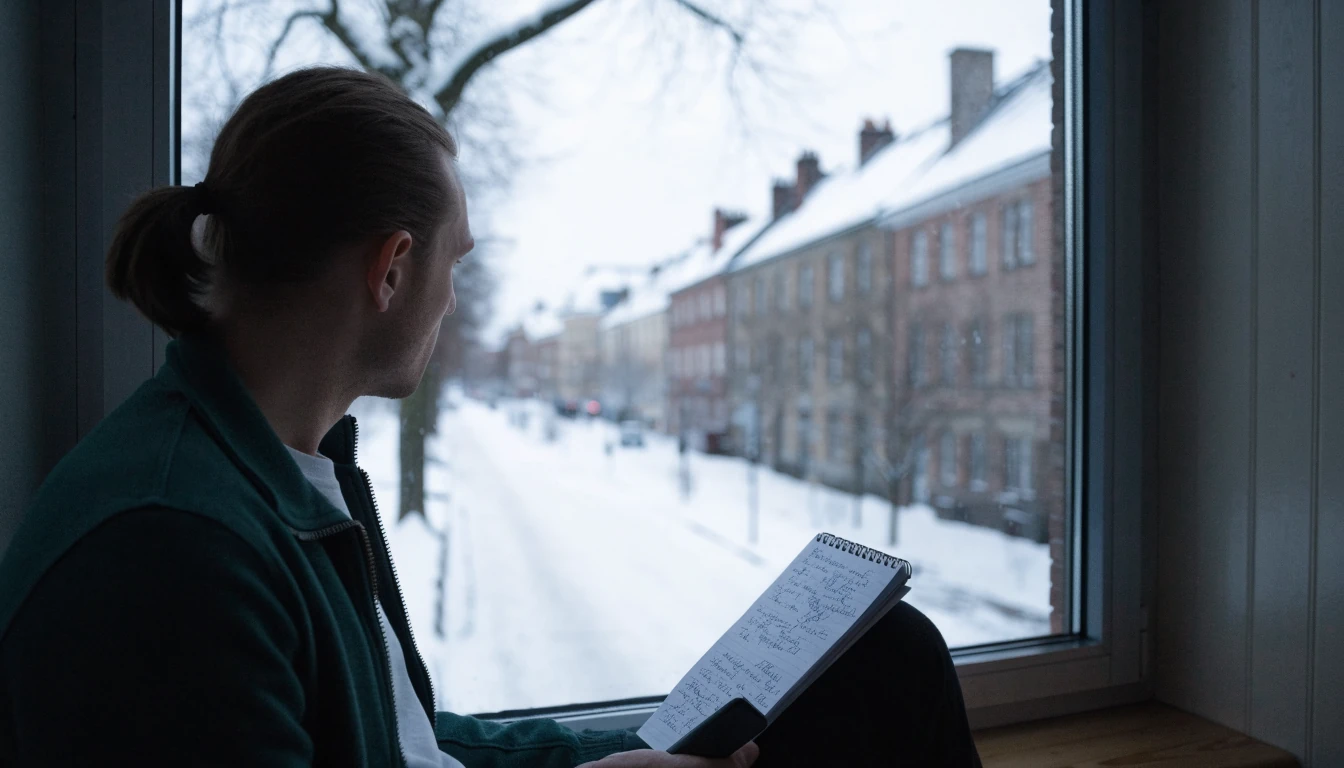 Suomalainen mies istuu ikkunan ääressä puhelin kädessä talvisessa valossa