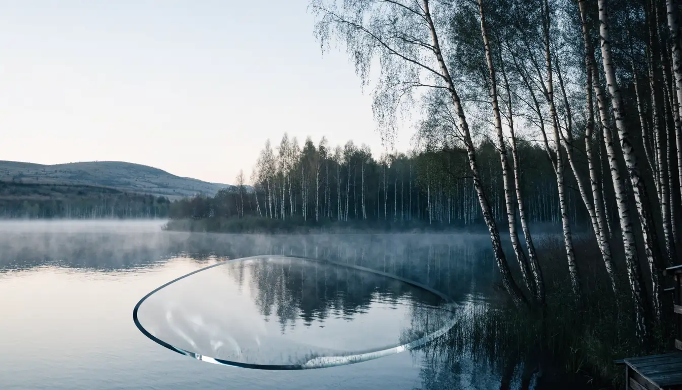 Suomalainen järvimaisema aamuhämärässä, lasinen suojakilpi etualalla